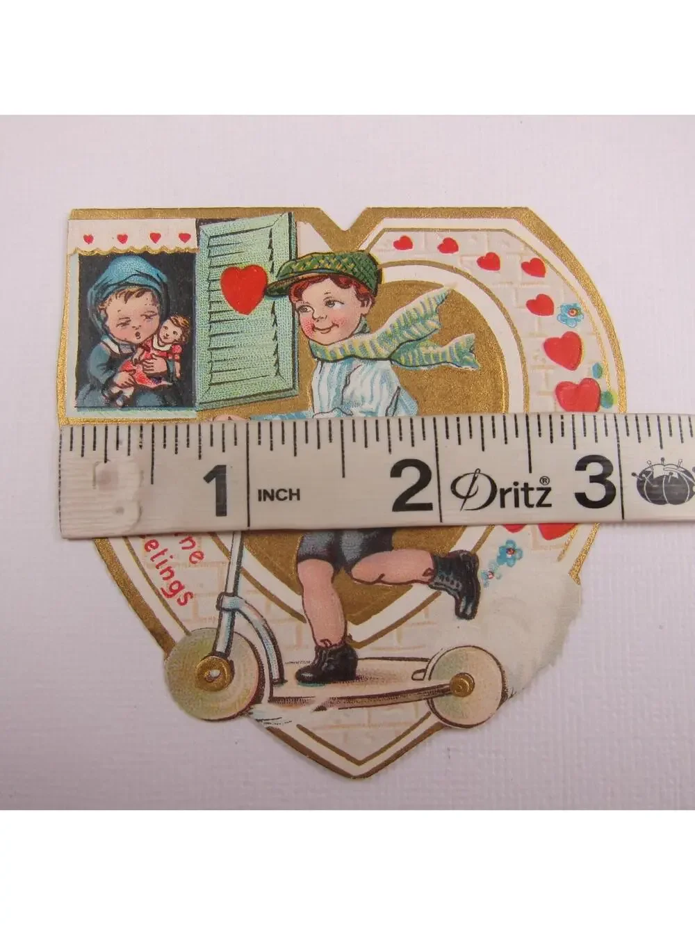 Vintage Valentine Card Die cut Boy Scooter Girl & Doll Window Red Gold UNSIGNED